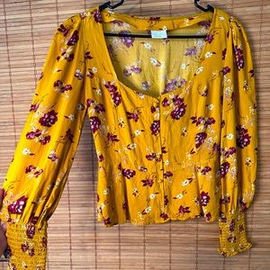 Purple and yellow floral low cut long sleeve blouse